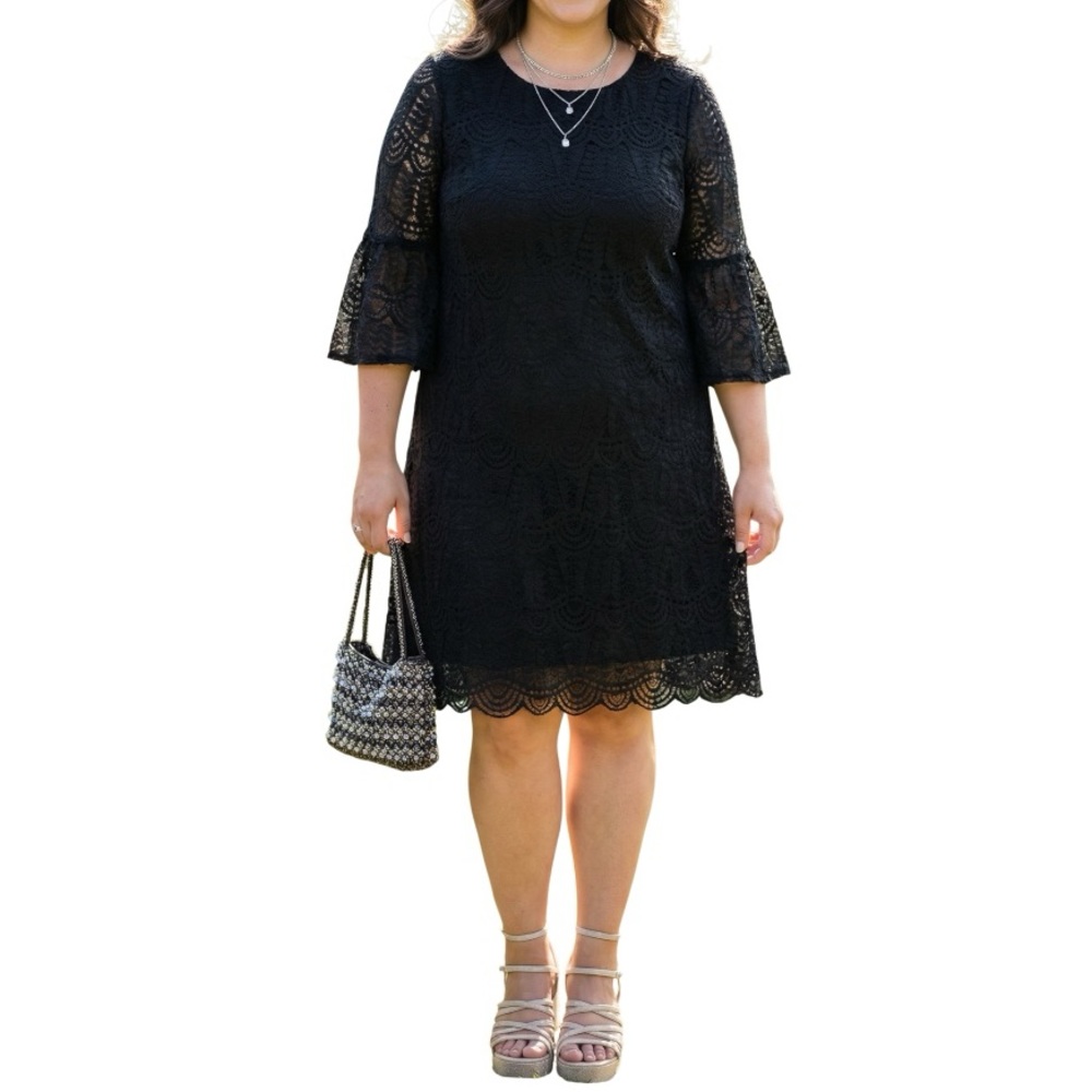 Black Crochet Lace Shift Dress Boho Wedding Guest Plus 18W Cocktail Party Chic